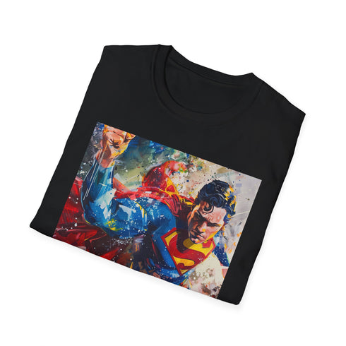 Charcoal cotton T-shirt featuring bold Superman portrait in vibrant brushstrokes