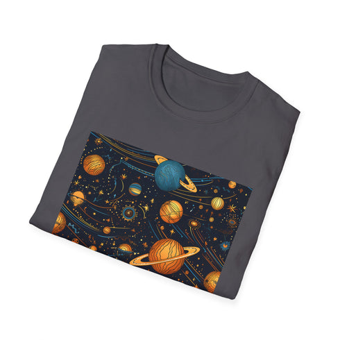 Charcoal cotton T-shirt with enchanting celestial pattern and whimsical star design