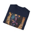 Charcoal crew neck cotton T-shirt with vibrant Galactus painting