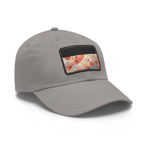 Autumn foliage pattern baseball cap in white with light brown patch.