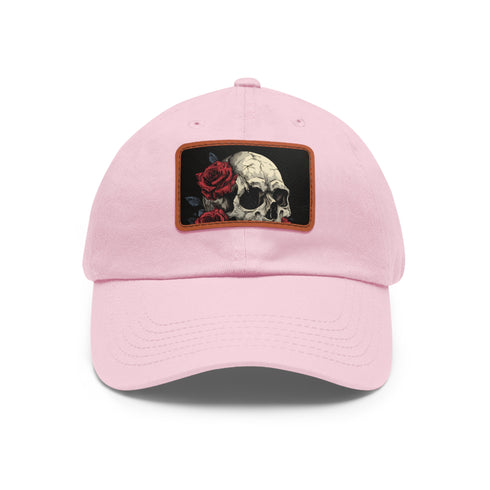 Gothic skull cap with white/light brown patch and intricate roses.