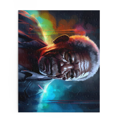 Vibrant watercolor 120-piece puzzle featuring neon Morgan Freeman portrait.