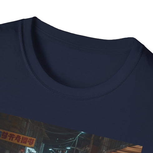 Charcoal cotton crew neck T-shirt with vibrant Asian night market design