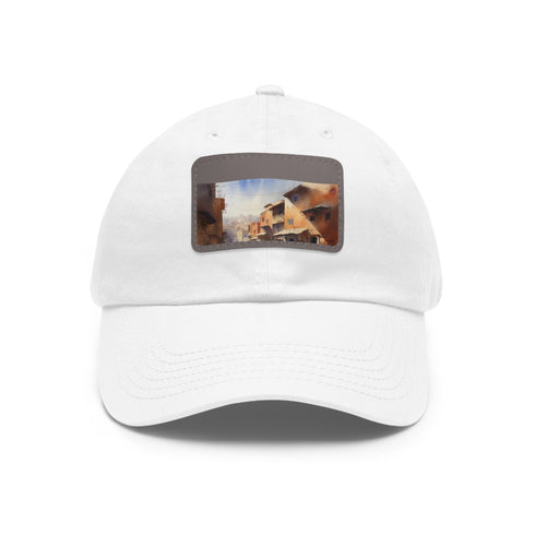 White cotton baseball cap with Moroccan-inspired light brown patch.