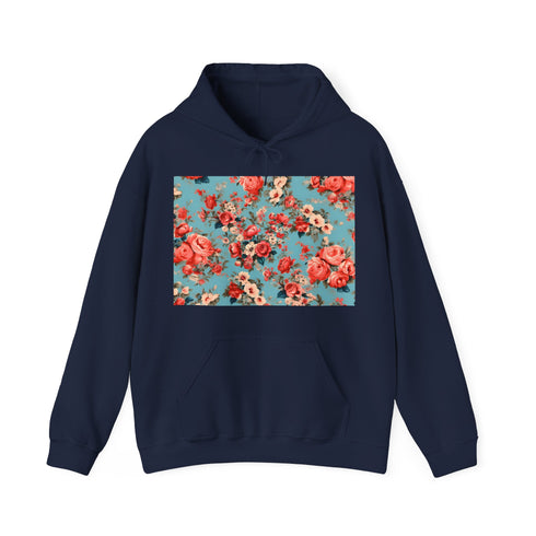 Vintage Charm Hoodie in navy blue with timeless floral pattern.