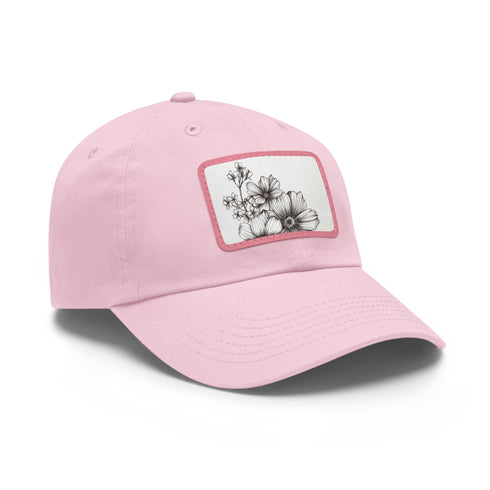 Hand-drawn floral white baseball cap with light brown rectangular patch.