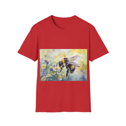 Charcoal cotton crew neck t-shirt with vibrant bumblebee watercolor design