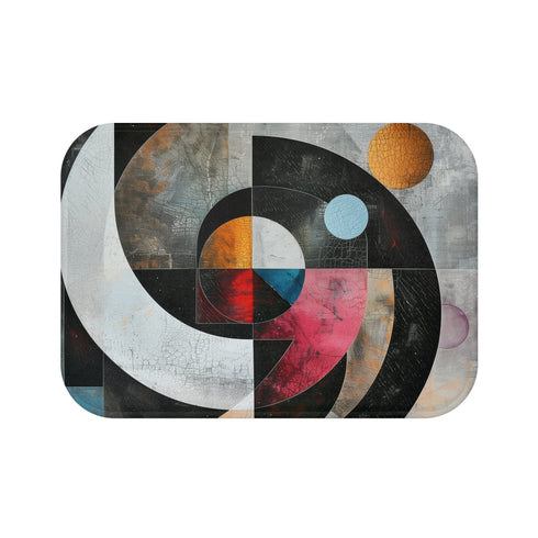 Modern abstract geometric bath mat in vibrant colors for stylish bathrooms.