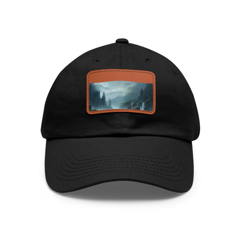 White cotton baseball cap with mystical horizon landscape design.