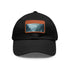 White cotton baseball cap with mystical horizon landscape design.