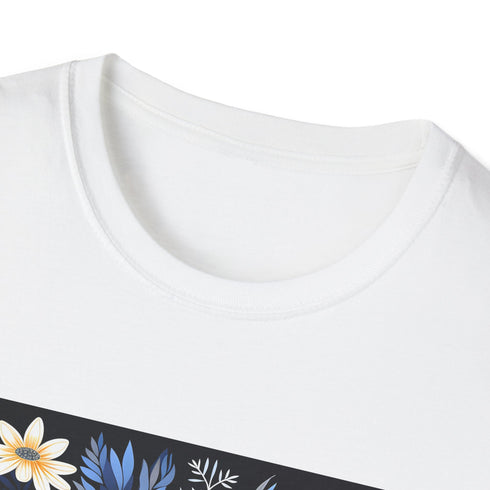Charcoal cotton T-shirt with vibrant wildflower tapestry pattern and crew neck