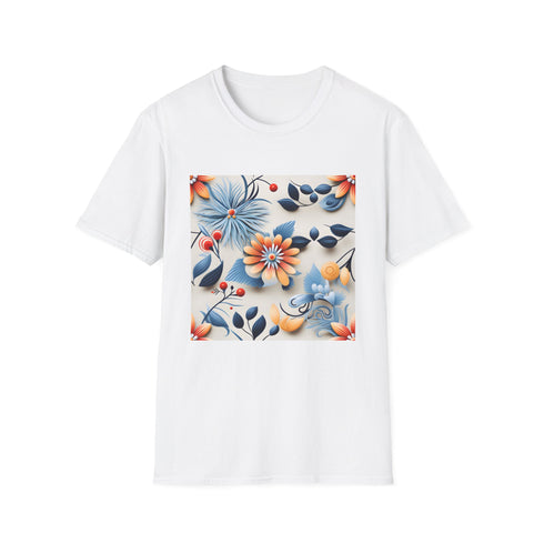 Vibrant flower-patterned cotton T-shirt with a charcoal crew neck design