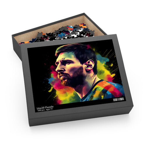 Messi watercolor neon puzzle: vibrant jigsaw of legendary footballer.