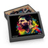 Messi watercolor neon puzzle: vibrant jigsaw of legendary footballer.