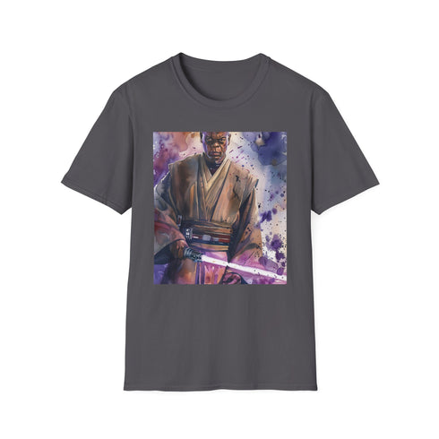 Charcoal cotton T-shirt featuring Mace Windu's purple lightsaber illustration