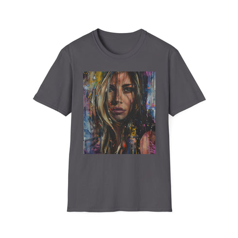 Charcoal crew neck cotton T-shirt featuring Jennifer Aniston portrait painting