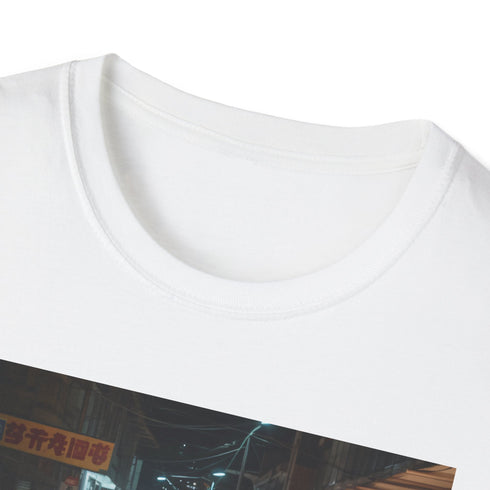 Charcoal cotton T-shirt featuring vibrant Asian night market tapestry graphic