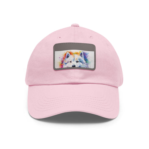 Cozy white Samoyed snapback with light brown patch, perfect for dog lovers.