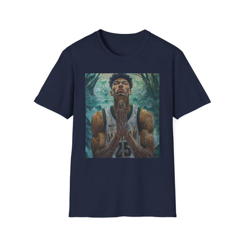 Charcoal cotton crew neck t-shirt with Giannis portrait graphic.
