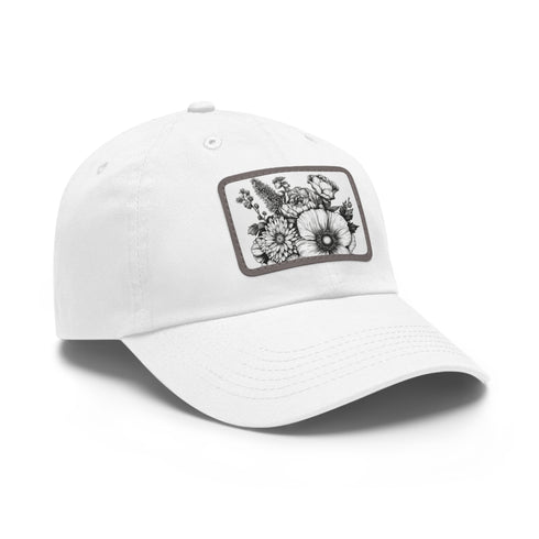 Colorful floral pattern baseball cap in white with light brown patchfulWidgetFloral Burst Baseball Cap - White with Light Brown Patch