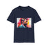 Colorful charcoal cotton crew neck T-shirt featuring vibrant figurative design