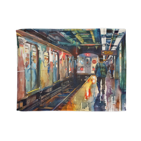 Watercolor subway blanket with New York City Pass design, 30'' x 40''.