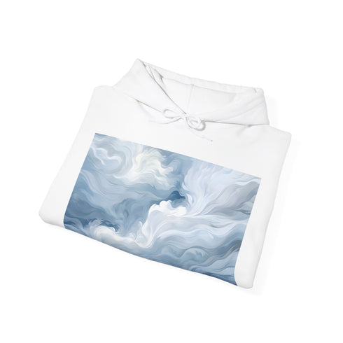 Soft navy dream hoodie with abstract shapes in delicate hues.