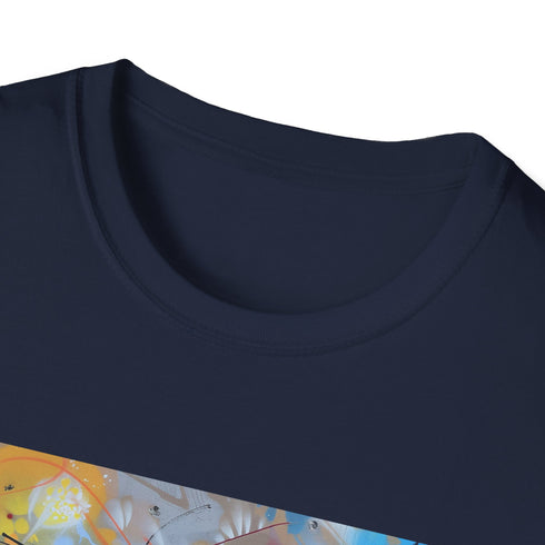 Charcoal cotton t-shirt with bold urban art in vibrant colors