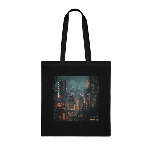 Futuristic black cotton tote bag with cyberpunk cityscape design.