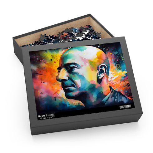 Colorful watercolor puzzle featuring a neon Jeff Bezos portrait, 120 pieces.