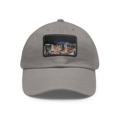 Neon nights Vegas baseball cap in white with light brown patch.