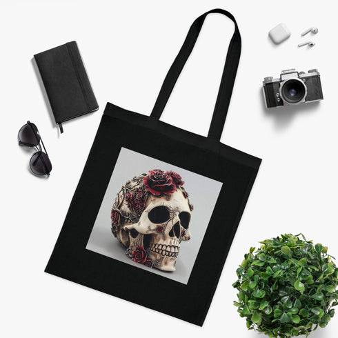 Gothic Bloom Tote Bag - Black Cotton Skull Roses Design.