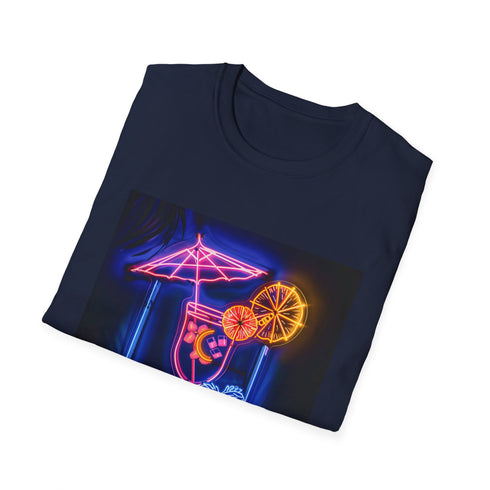 Charcoal T-shirt with neon tropical cocktail design evokes summer beach vibes