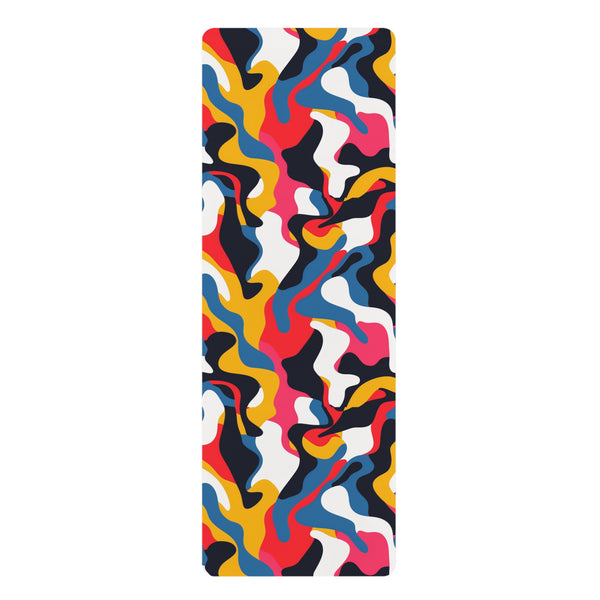 Abstract bright rubber yoga mat with modern seamless pattern in bold colors.