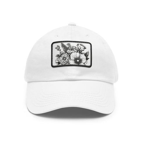 Colorful floral baseball hat in white with hand-drawn blossom design.