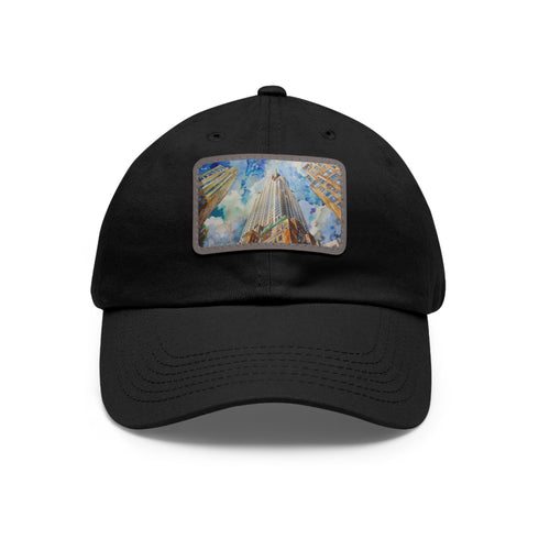 Chrysler Building watercolor cap, white with light brown patch, rectangle shape.