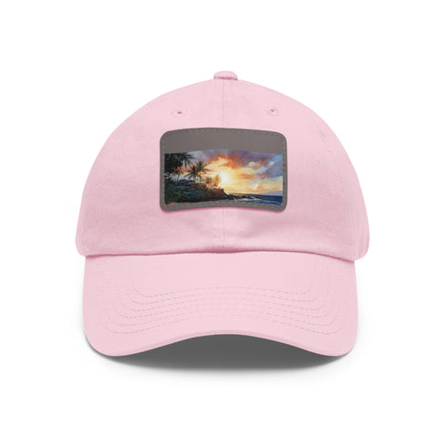 Hawaiian Sunset Paradise Cap: White cotton hat with beach print detail.