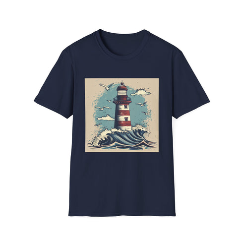 Charcoal T-shirt with hand-drawn lighthouse illustration featuring intricate wave details