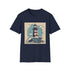 Charcoal T-shirt with hand-drawn lighthouse illustration featuring intricate wave details