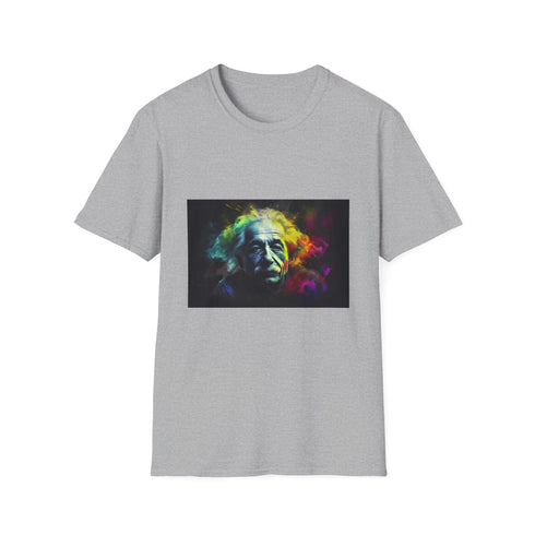 Charcoal cotton T-shirt featuring neon Albert Einstein canvas-inspired design