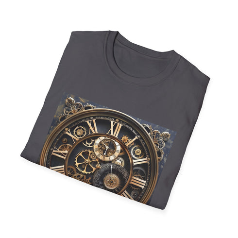 Steampunk clockwork design charcoal t-shirt with intricate gear pattern.