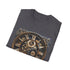 Steampunk clockwork design charcoal t-shirt with intricate gear pattern.