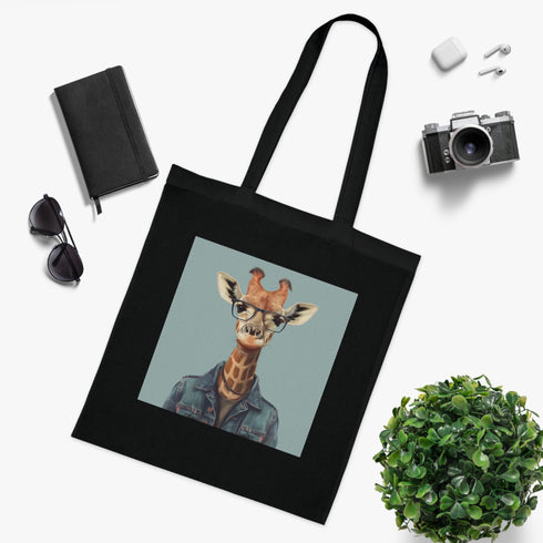 Giraffe Geek Chic Black Cotton Tote Bag: Stylish and whimsical accessory.