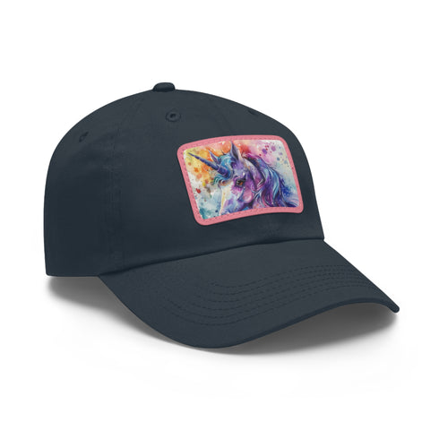 Magical Watercolor Unicorn Baseball Cap, White with Light Brown patch, Rectangle