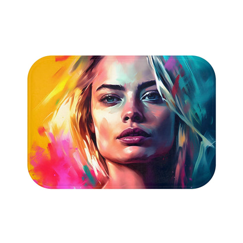 Colorful Hollywood glamour bath mat featuring neon Margot Robbie watercolor portrait.