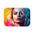 Colorful Hollywood glamour bath mat featuring neon Margot Robbie watercolor portrait.