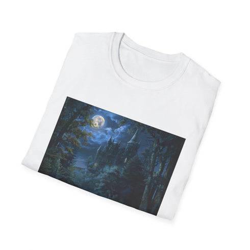 Charcoal cotton crew neck t-shirt with moonlit castle forest graphic