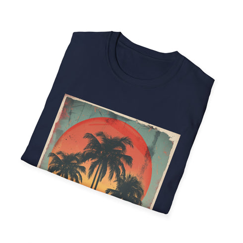 Palm Paradise Retro Sunset Escape T-Shirt in Charcoal, size S.
