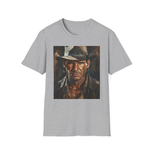 Charcoal cotton T-shirt featuring vibrant Indiana Jones painting crew neck design