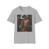 Charcoal cotton T-shirt featuring vibrant Indiana Jones painting crew neck design